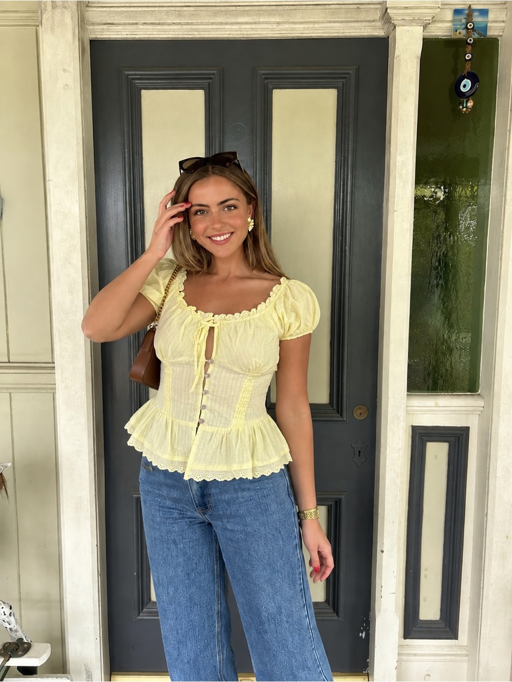 Yellow Cotton Corset Peplum Top L Puff Sleeve Coquette Cottagecore Blouse